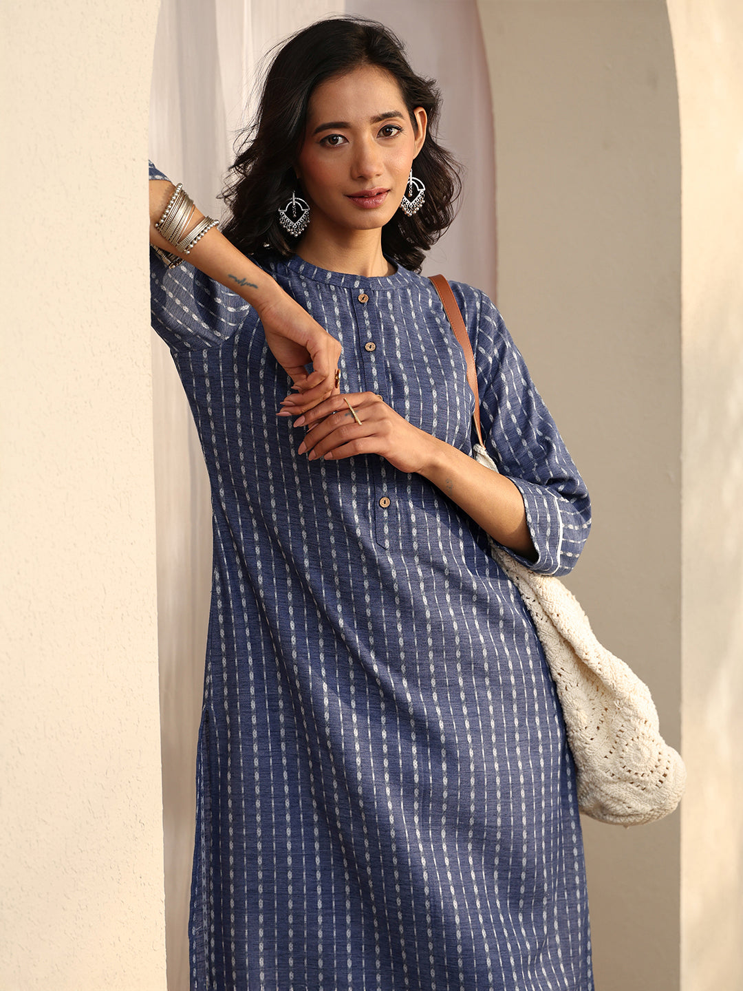 Blue Block Printed Cotton Blend Straight Kurta