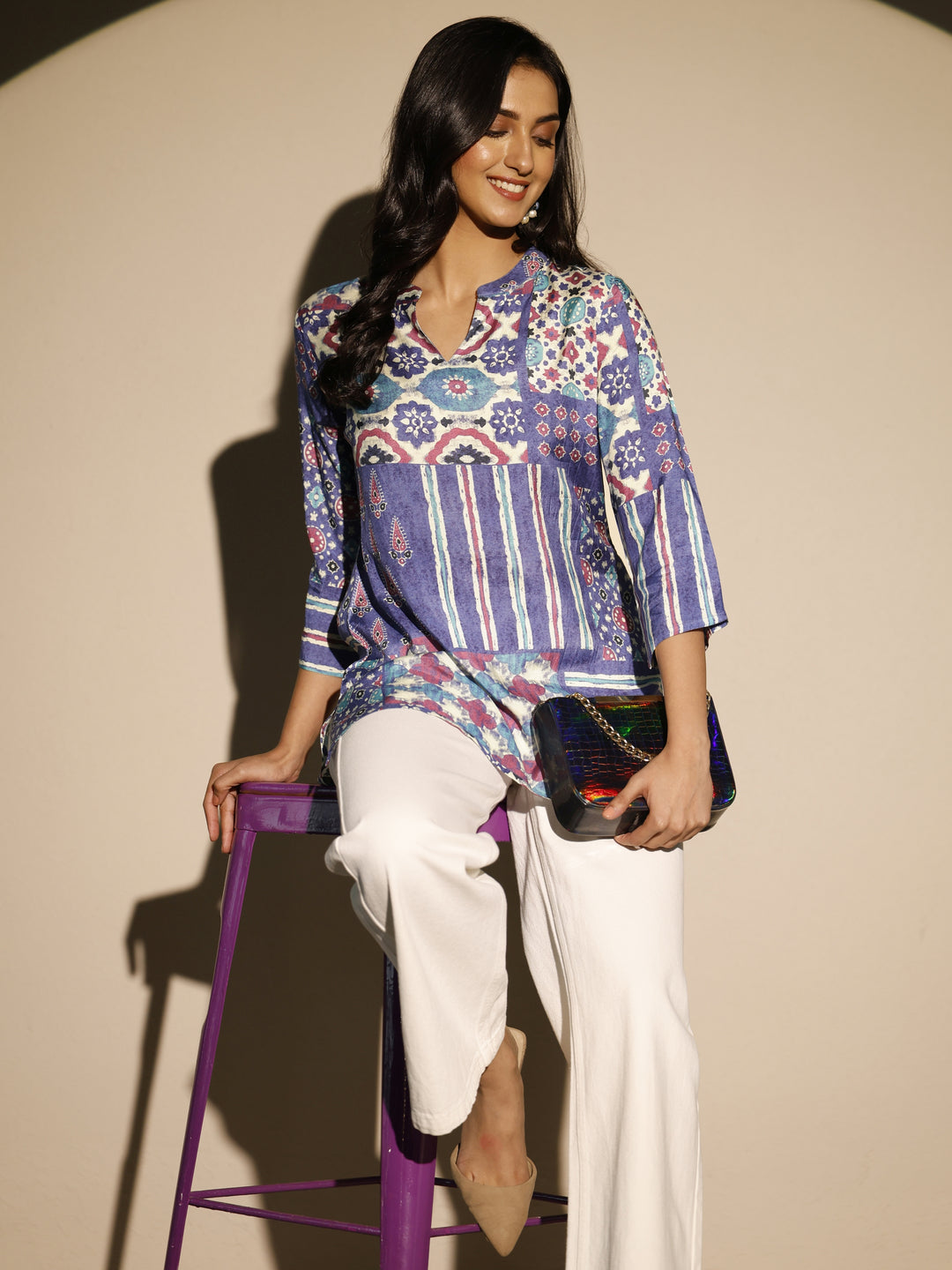 Blue Block Printed Muslin Straight Short Kurti