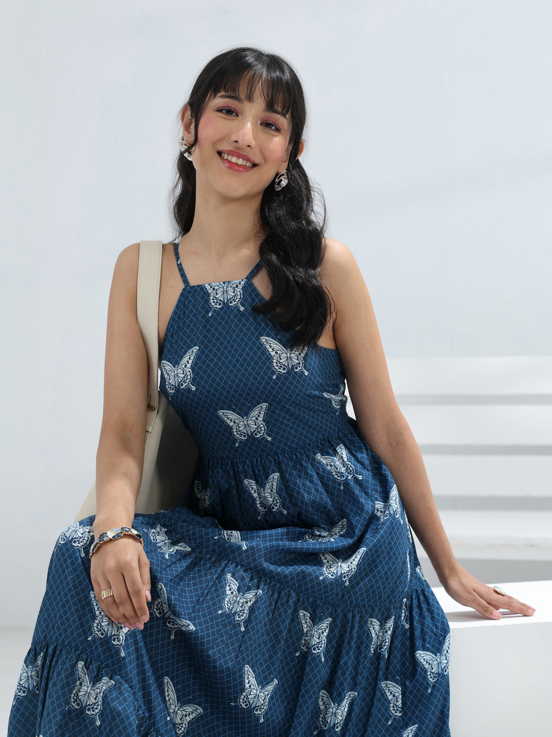 Buy Blue Butterfly Printed Fit-And-Flare Cotton Blend One-Piece Tiered Dress  Online in United Kingdom at $30.00 | Libas