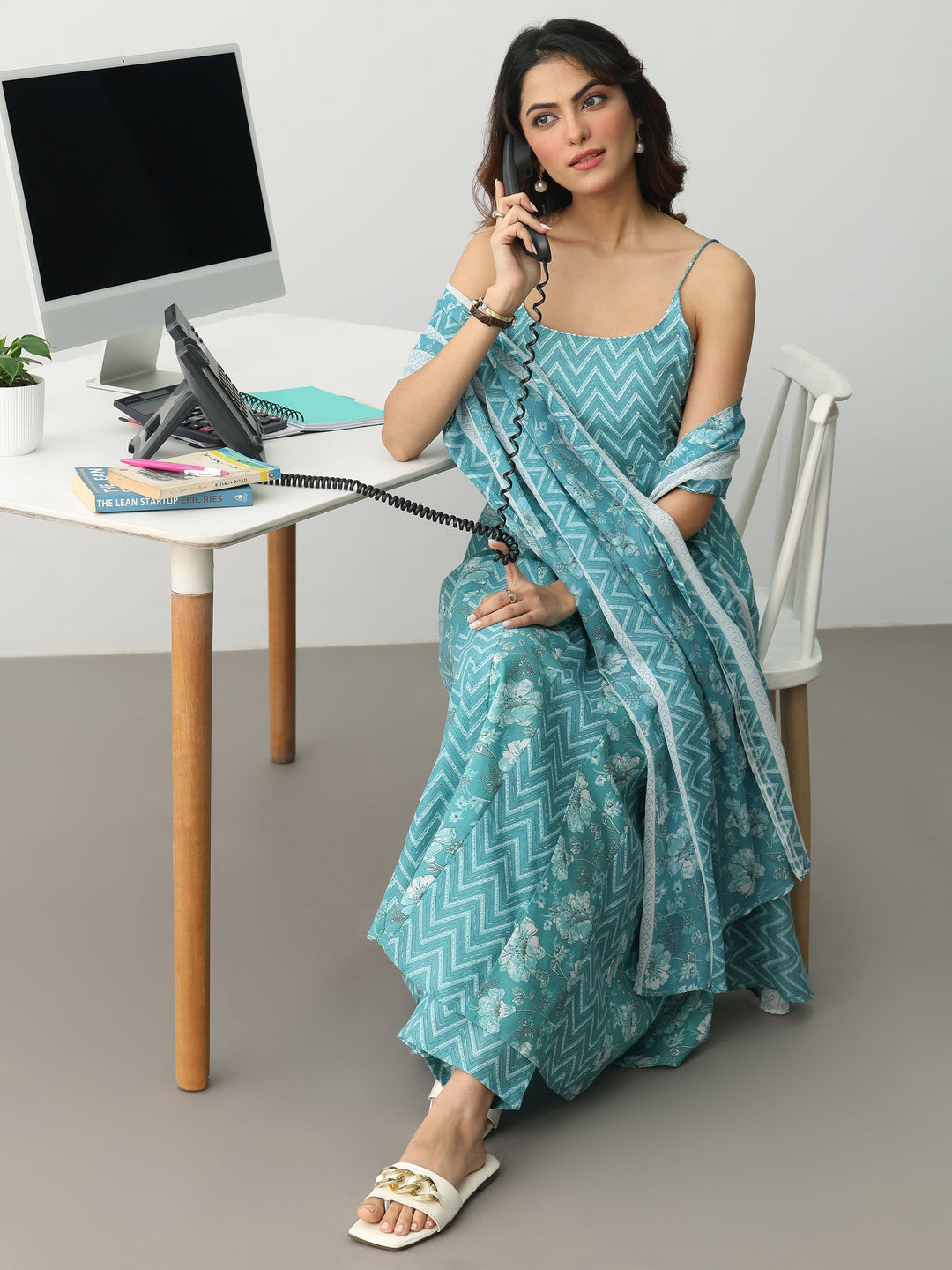 Blue Chevron Printed Cotton Blend Anarkali Suit Set With Dupatta