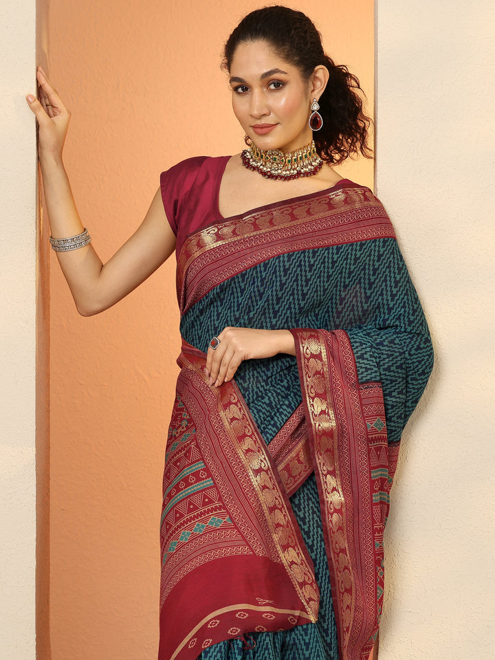 Blue Chevron Printed Silk Blend Saree With Unstitched Blouse Piece