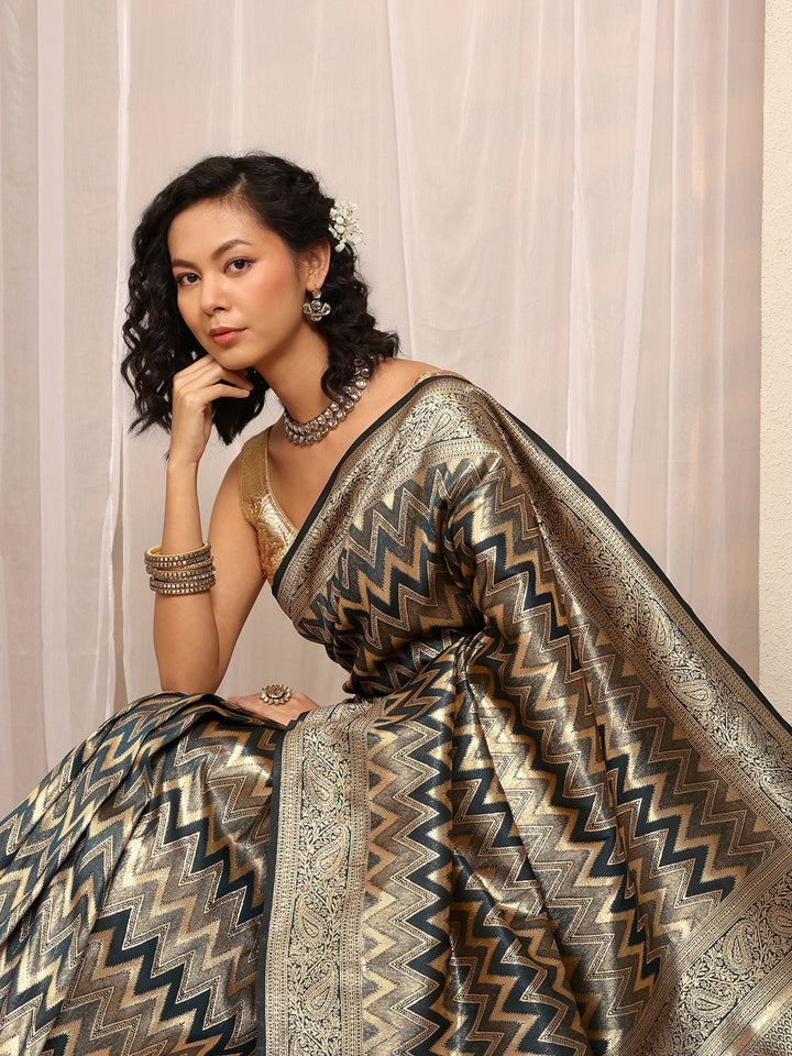 Blue Chevron Woven Design Silk Blend Saree With Unstitched Blouse Piece