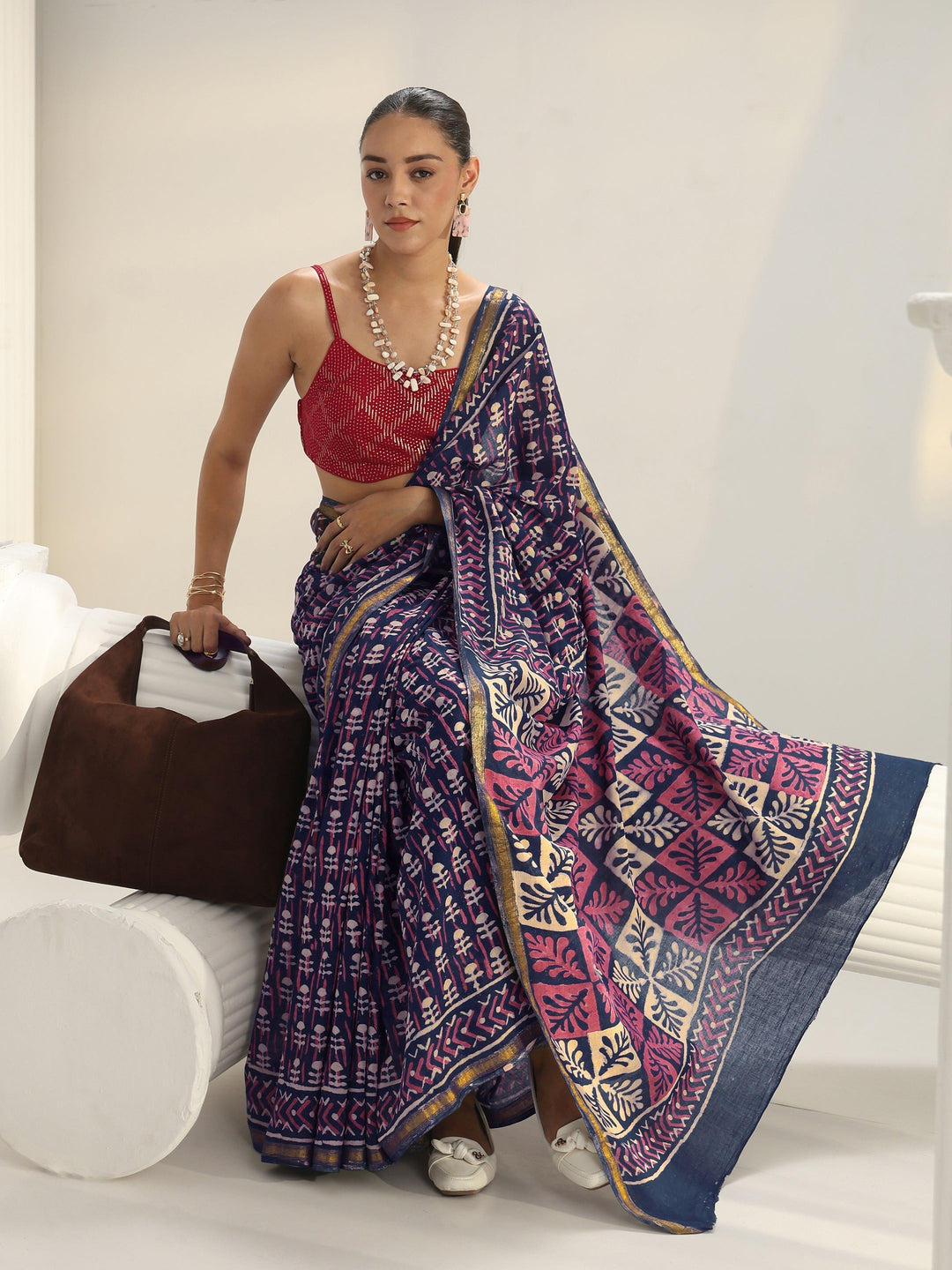 Blue Dabu Print Cotton Saree