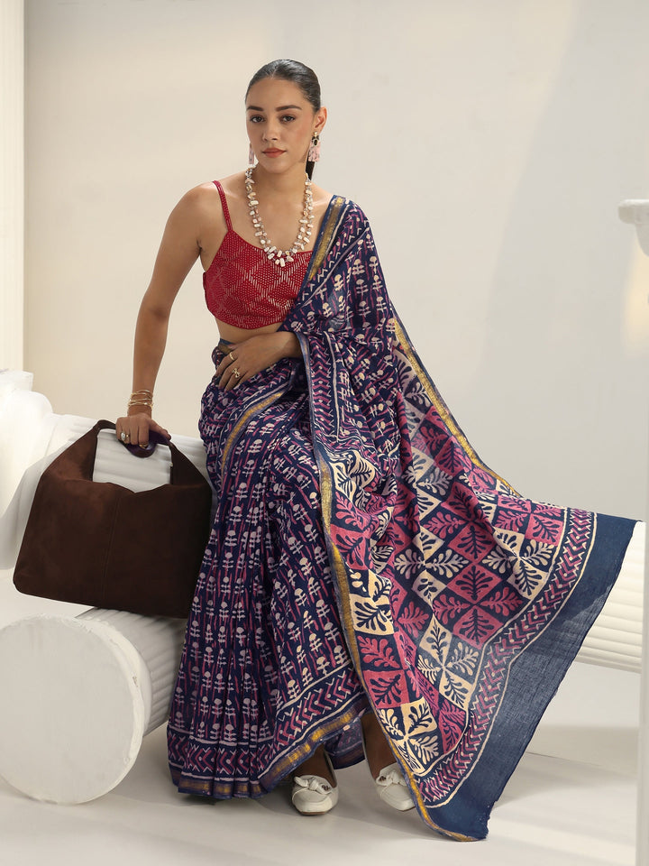 Blue Dabu Print Cotton Saree