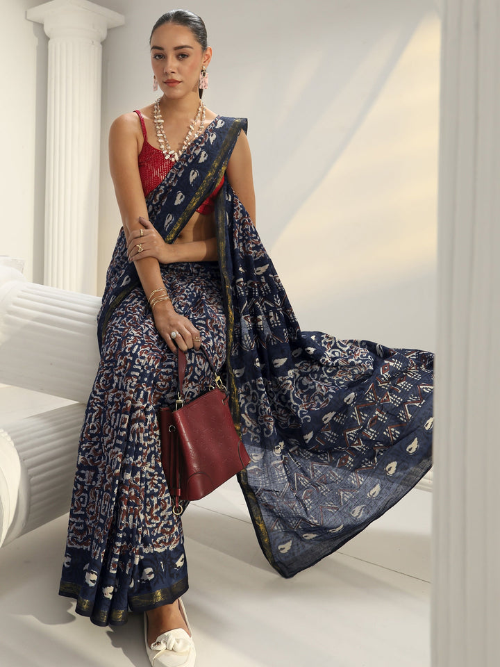 Blue Dabu Print Cotton Saree