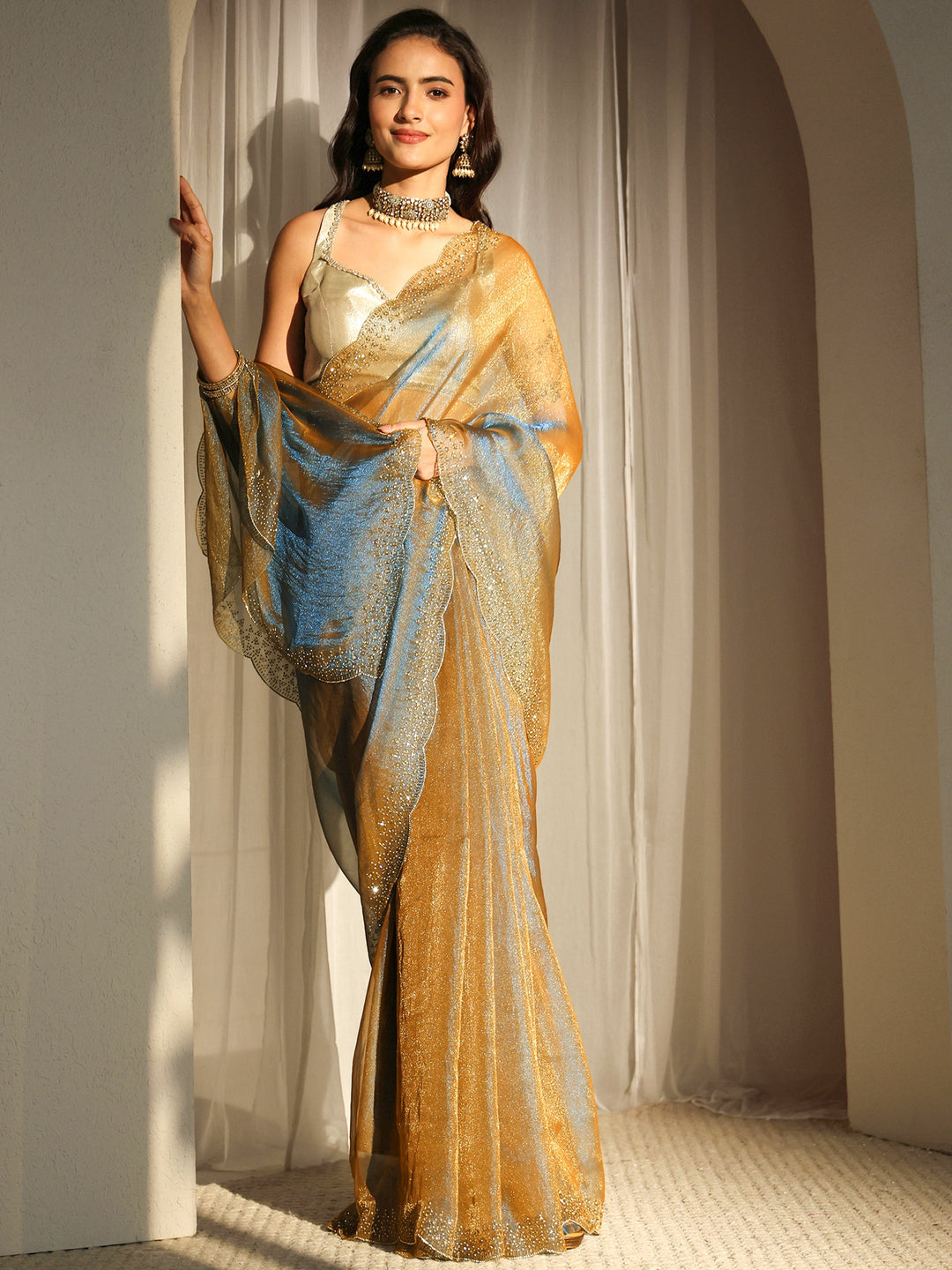 Blue Embellished Border Tissue Saree With Unstitched Blouse Piece