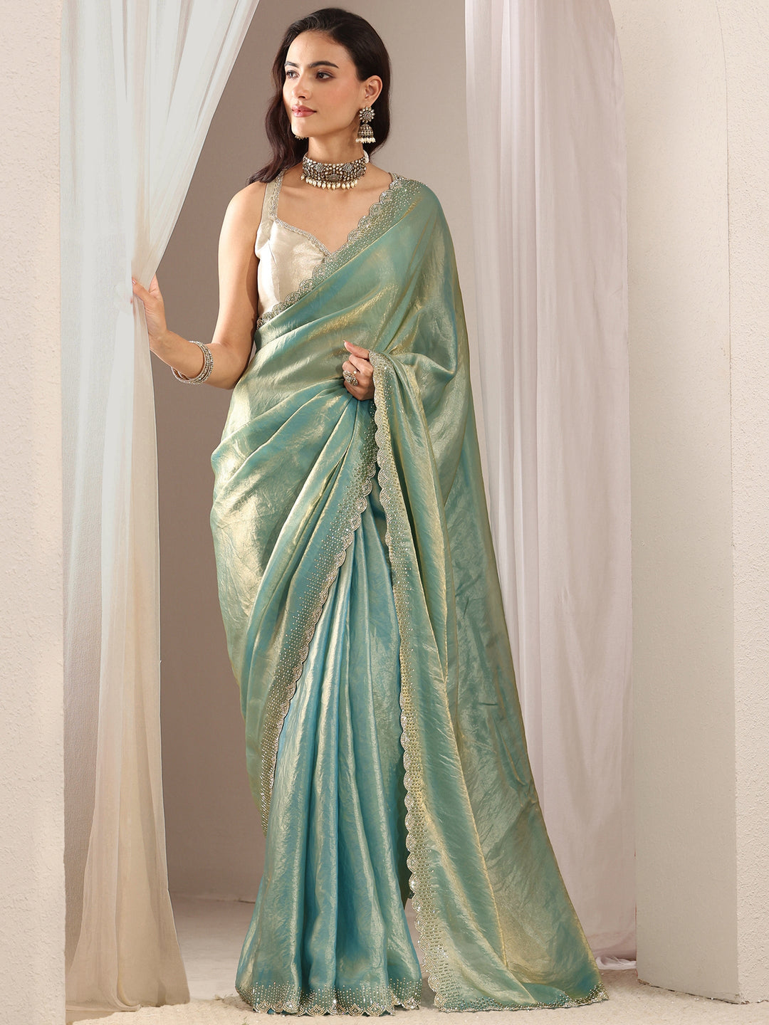 Libas Blue Embellished Border Tissue Saree With Unstitched Blouse Piece