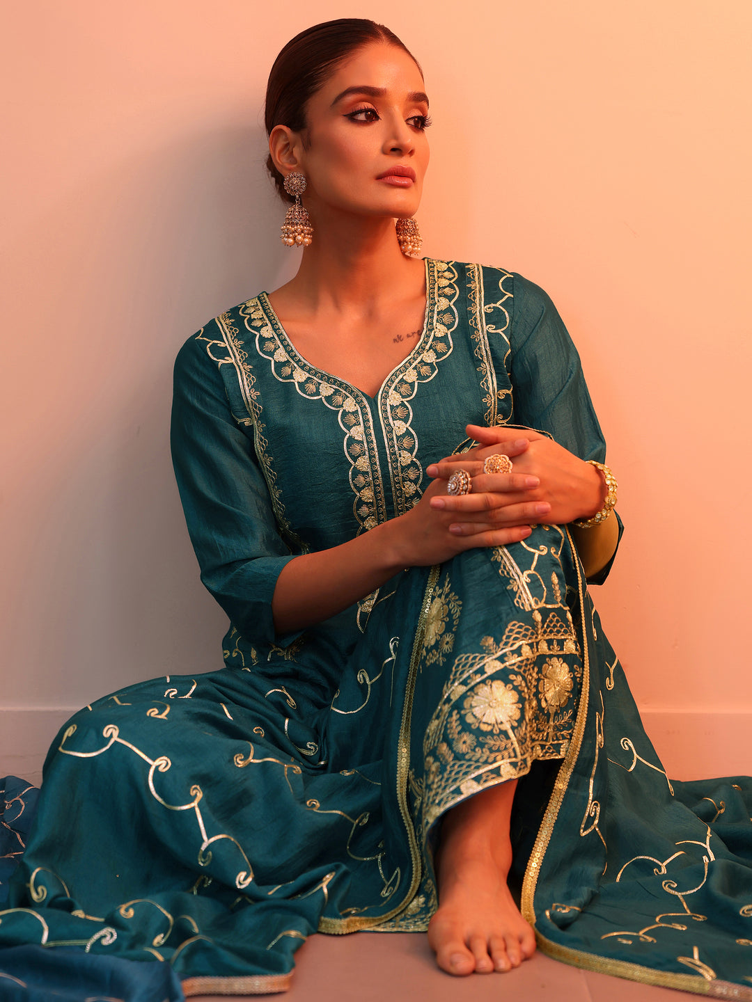 Blue Embellished Chinon Straight Suit Set With Dupatta