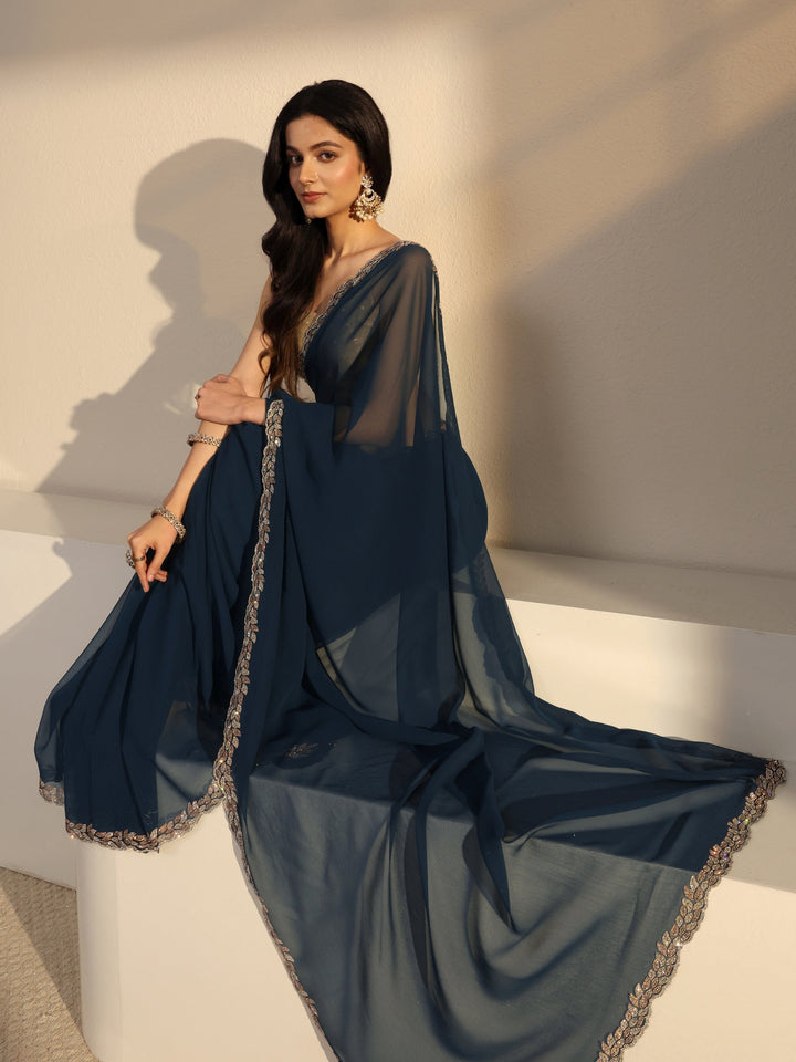 Libas Blue Embellished Georgette Saree With Unstiched Blouse Piece