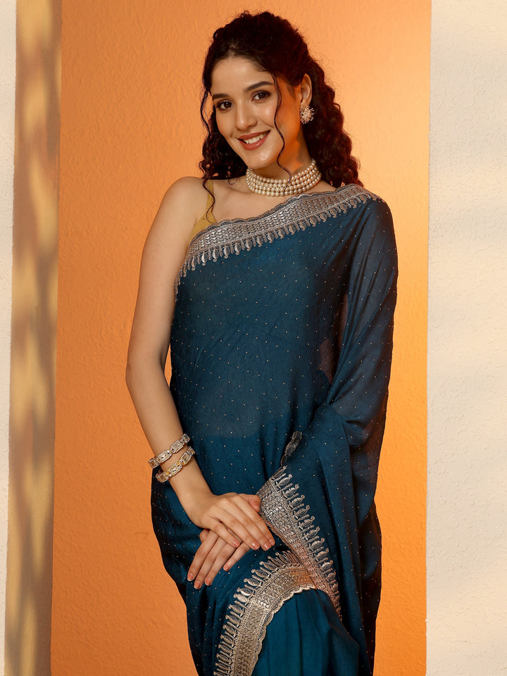 Blue Embellished Organza Saree With Unstitched Blouse Piece