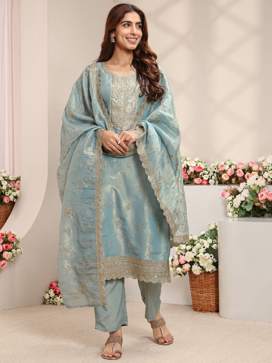 Blue Embellished Organza Straight Suit Set With Dupatta