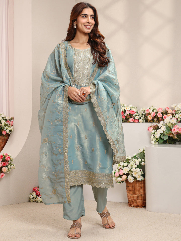 Blue Embellished Organza Straight Suit Set With Dupatta