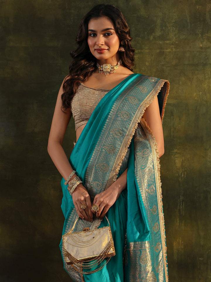 Libas Blue Embellished Silk Blend Saree With Unstitched Blouse Piece