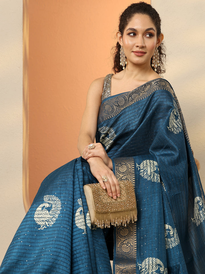 Blue Embellished Silk Blend Saree With Unstitched Blouse Piece