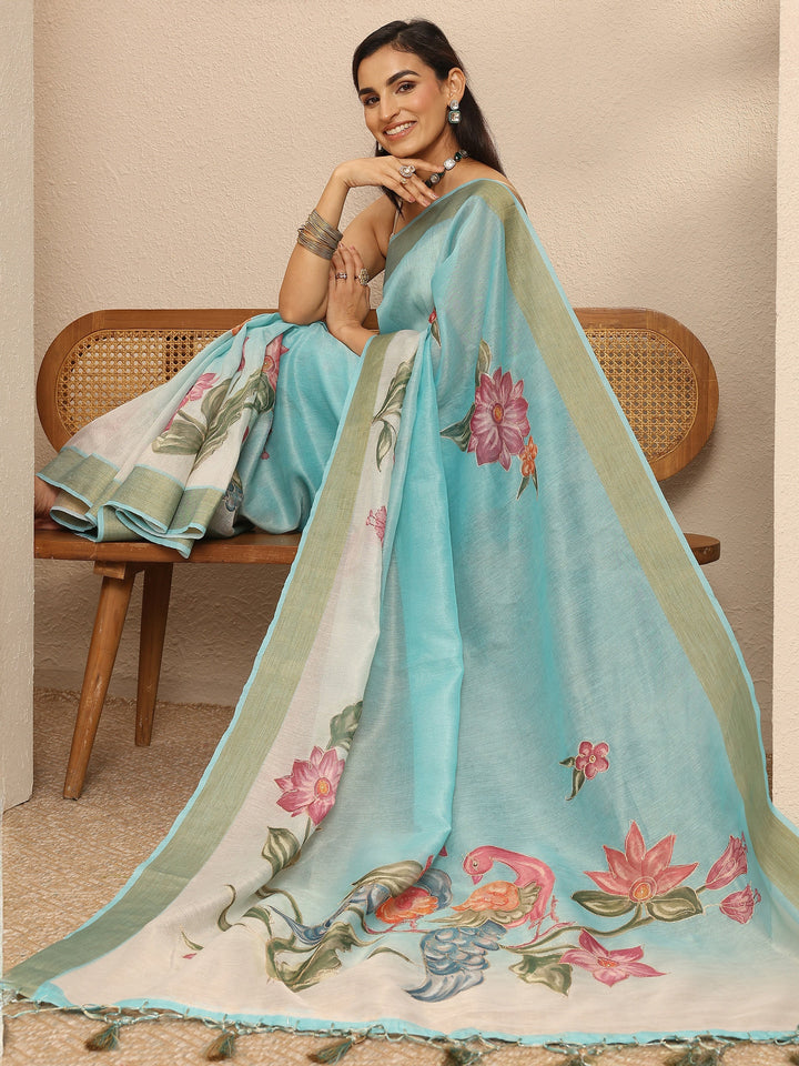 Blue Embellished Silk Blend Saree With Unstitched Blouse Piece