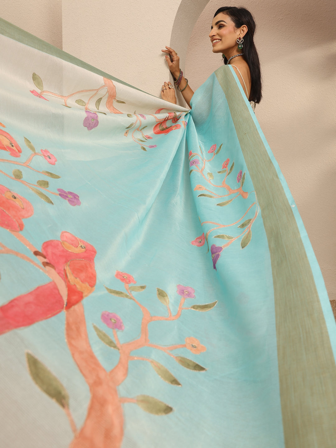 Blue Embellished Silk Blend Saree With Unstitched Blouse Piece
