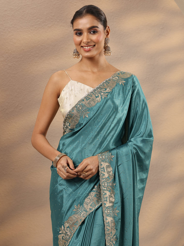 Blue Embellished Silk Blend Saree With Unstitched Blouse Piece