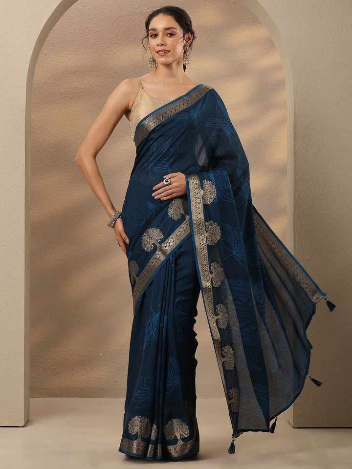 Blue Embellished Silk Blend Saree With Unstitched Blouse Piece