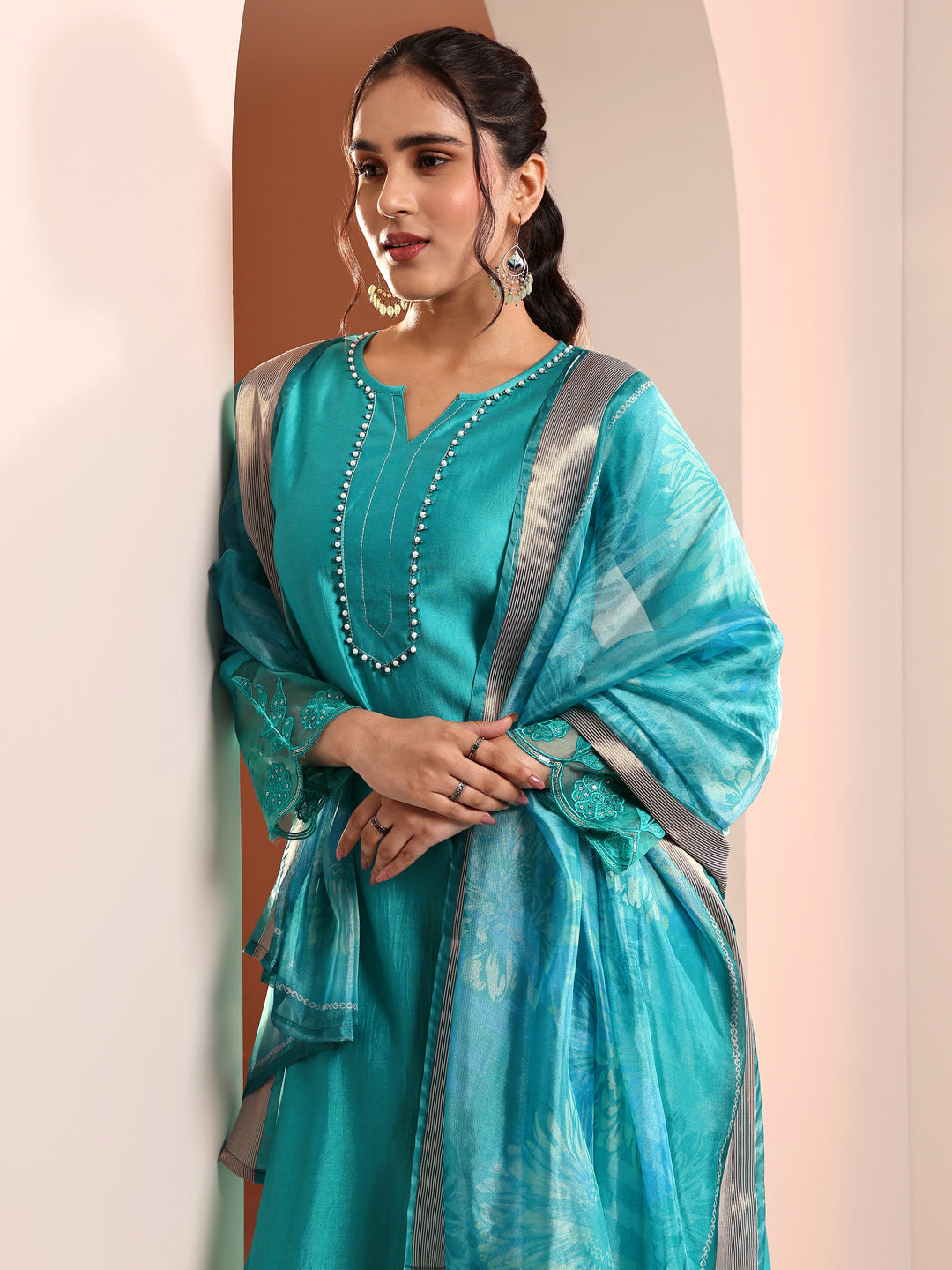Blue Embellished Silk Blend Straight Suit Set With Dupatta