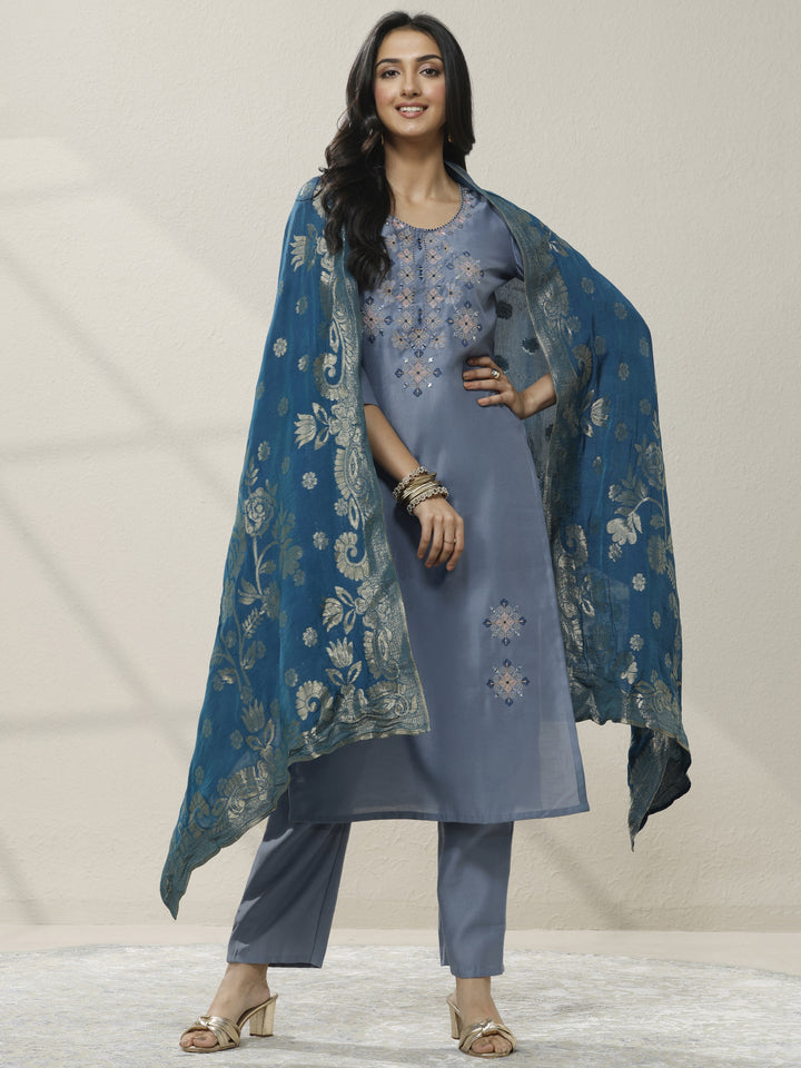 Blue Embellished Silk blend Straight Suit Set With Dupatta