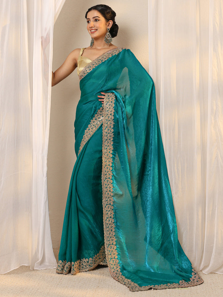 Blue Embellished Tissue Saree With Unstitched Blouse Piece