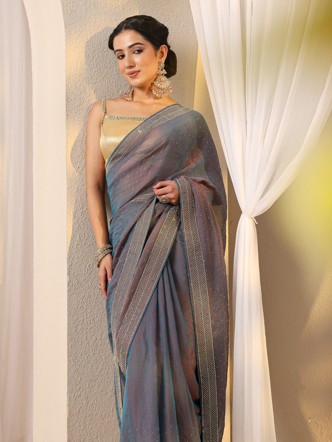 Blue Embellished Tissue Saree With Unstitched Blouse Piece