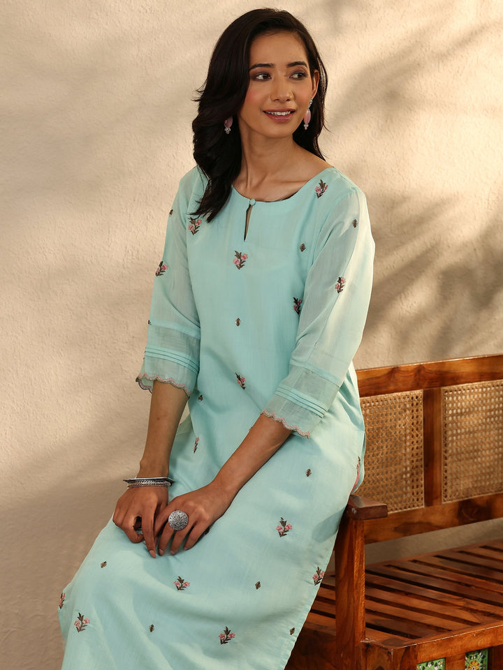 Blue Embroidered Chanderi Cotton Straight Kurta
