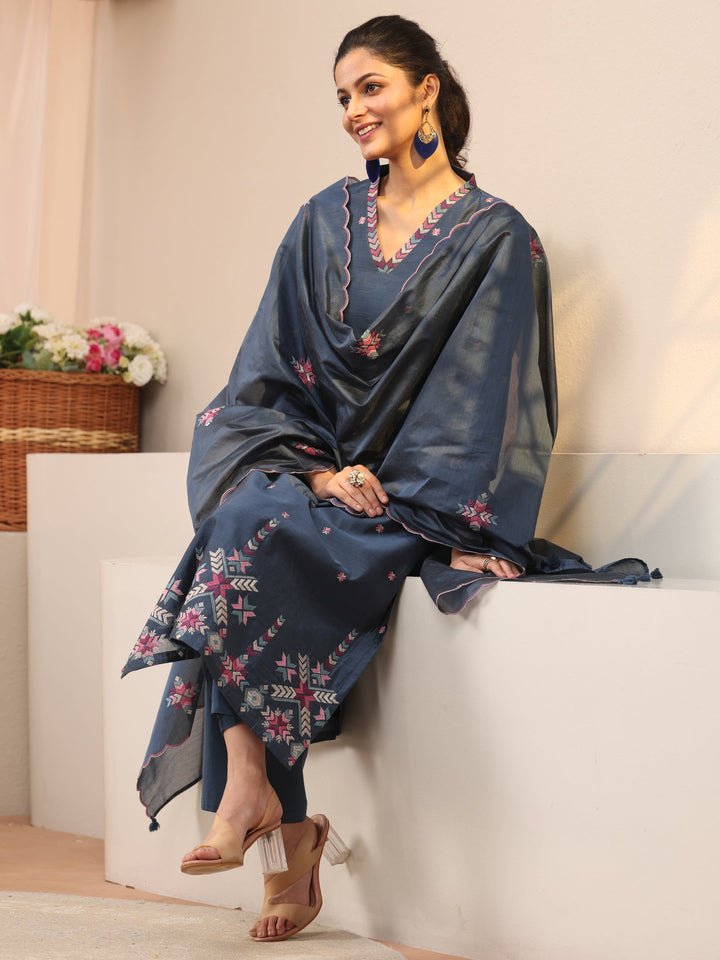Blue Embroidered Chanderi Silk Straight Suit Set