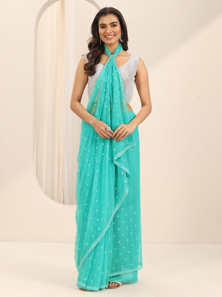 Blue Embroidered Chiffon Saree With Unstitched Blouse Piece