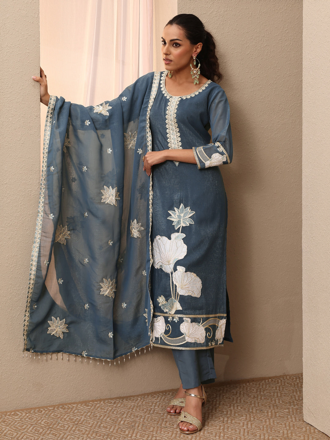 Blue Embroidered Chinon Straight Suit Set With Dupatta
