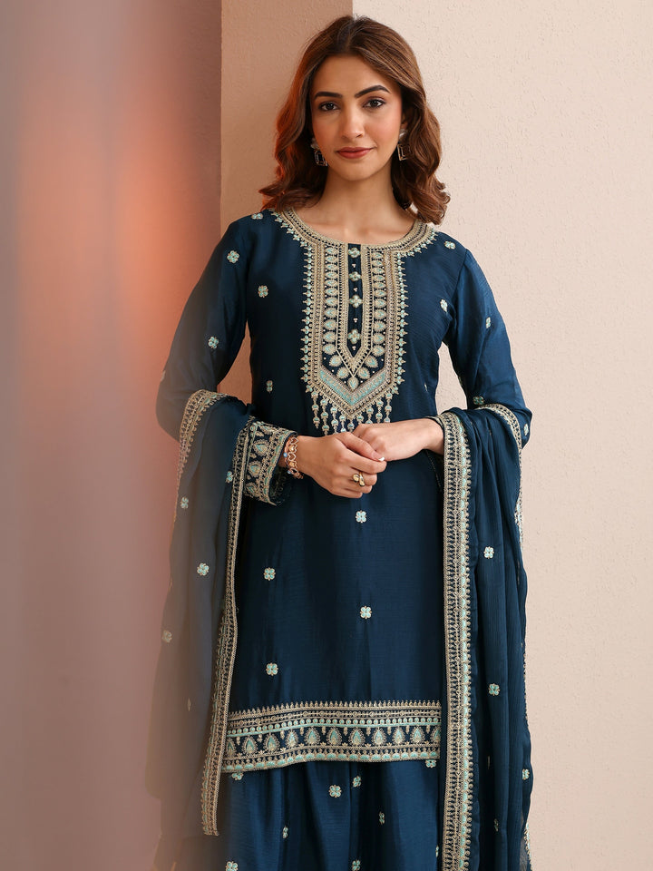 Blue Embroidered Chinon Straight Suit Set With Dupatta