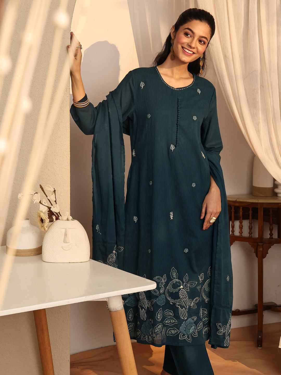 Blue Embroidered Cotton Straight Suit Set With Dupatta