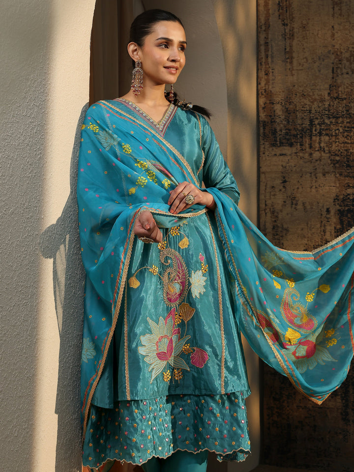 Blue Embroidered Crepe A-Line Suit Set With Dupatta