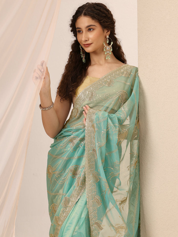 Blue Embroidered Nylon Saree With Unstitched Blouse Piece