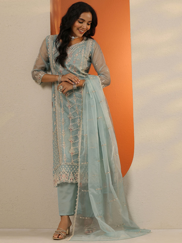 Blue Embroidered Organza Straight Suit Set With Dupatta