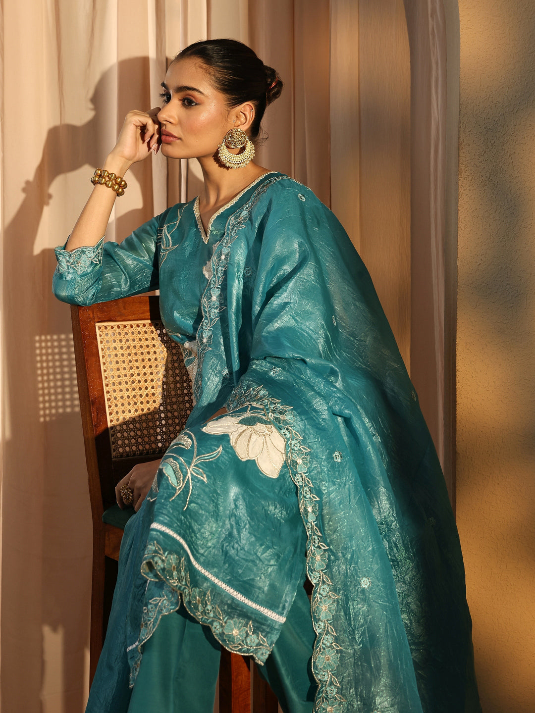 Blue Embroidered Organza Straight Suit Set With Dupatta