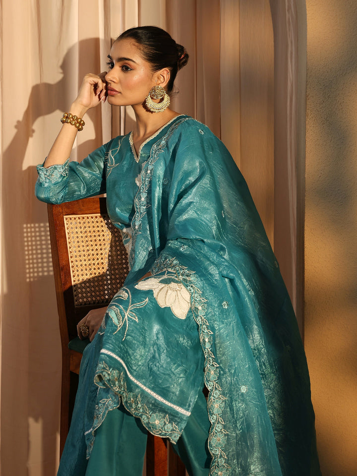 Blue Embroidered Organza Straight Suit Set With Dupatta