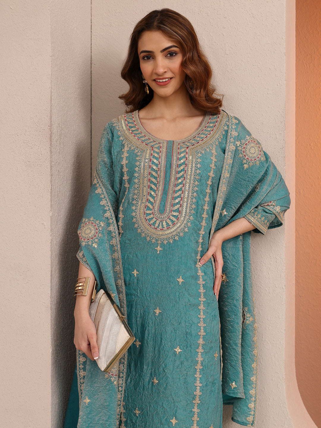 Blue Embroidered Organza Straight Suit Set With Dupatta