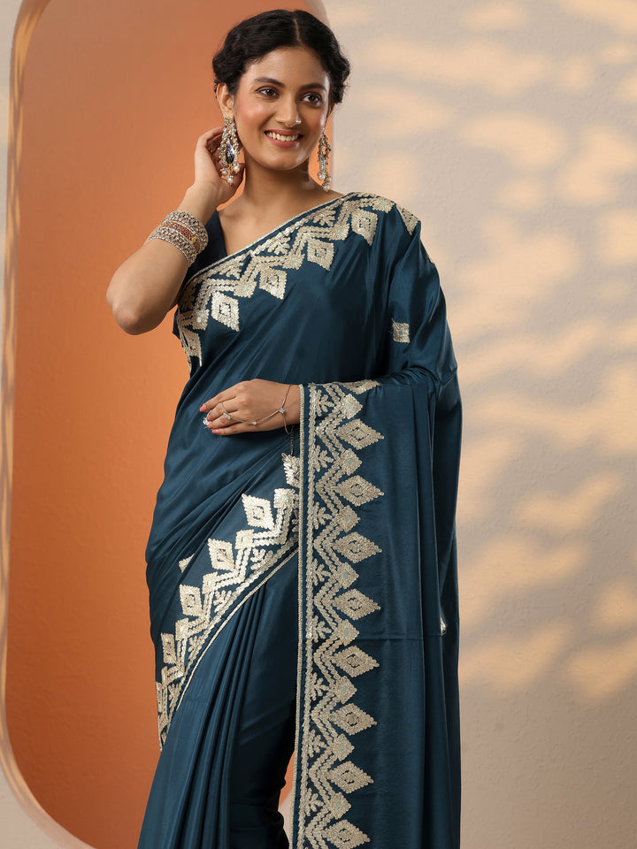 Blue Embroidered Satin Saree With Unstitched Blouse Piece
