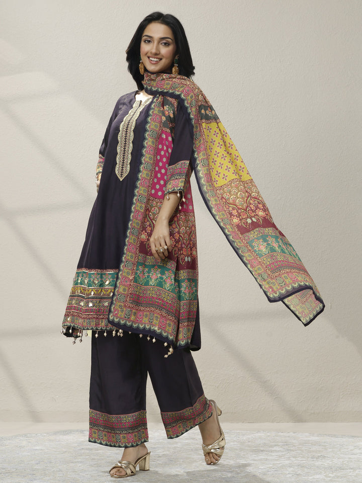 Blue Embroidered Silk blend A-line Suit Set With Dupatta