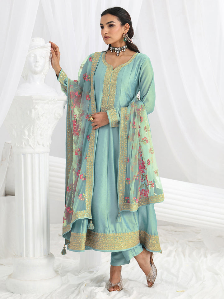 Blue Embroidered Silk Blend A-Line Suit Set With Dupatta