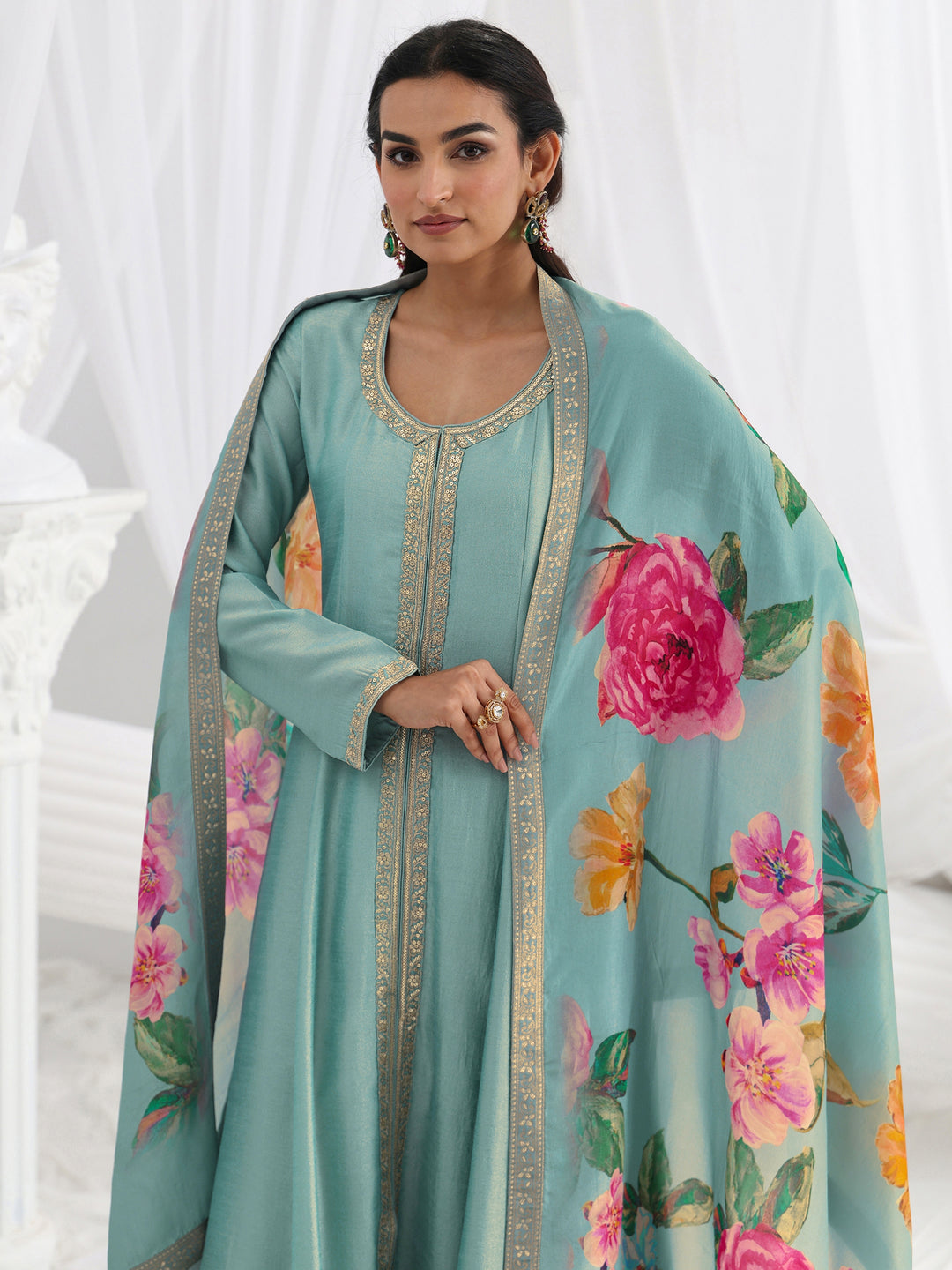 Blue Embroidered Silk Blend A-Line Suit Set With Dupatta