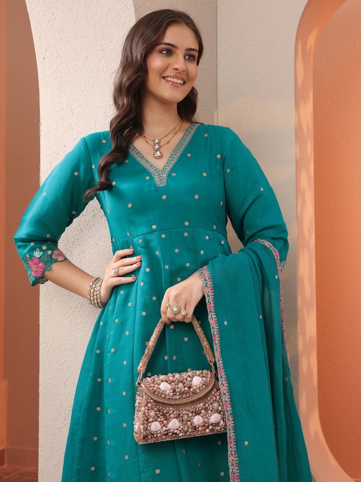Blue Embroidered Silk Blend Straight Suit Set With Dupatta