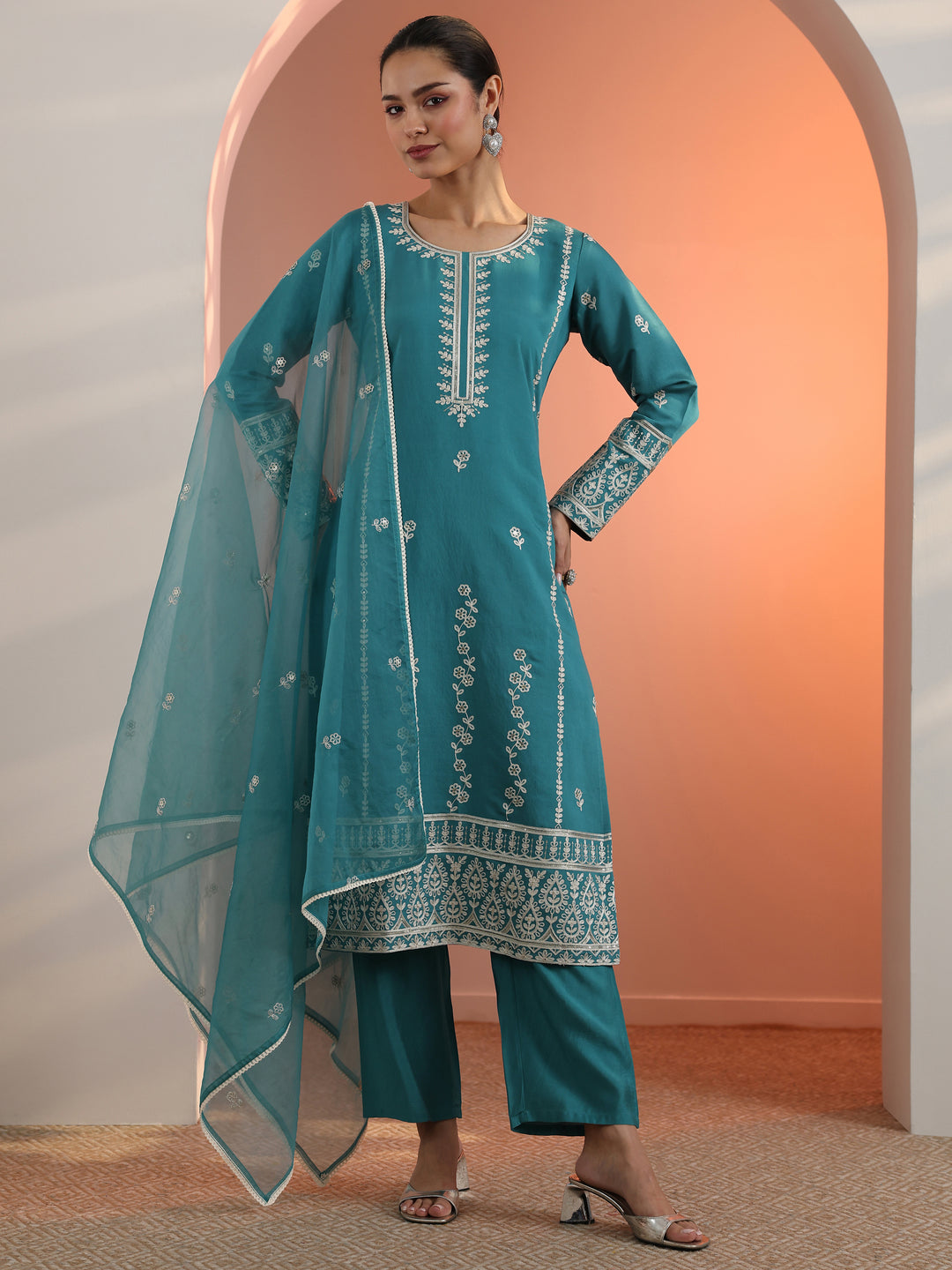 Blue Embroidered Silk Blend Straight Suit Set With Dupatta