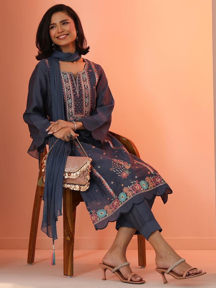 Blue Embroidered Silk Blend Straight Suit Set With Dupatta