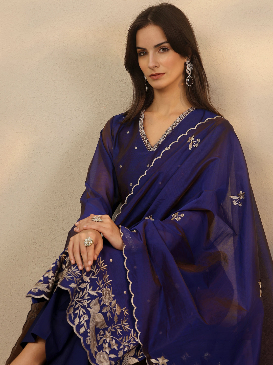 Blue Embroidered Silk Blend Straight Suit Set With Dupatta