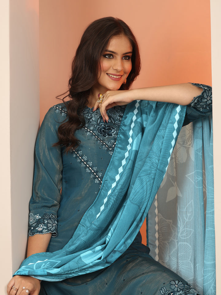 Blue Embroidered Silk Blend Straight Suit Set With Dupatta