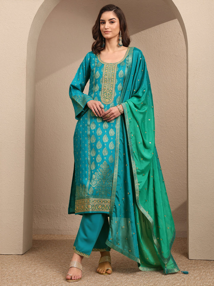 Blue Embroidered Silk Blend Straight Suit Set With Dupatta