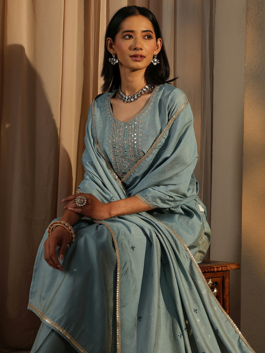 Blue Embroidered Silk Blend Straight Suit Set With Dupatta