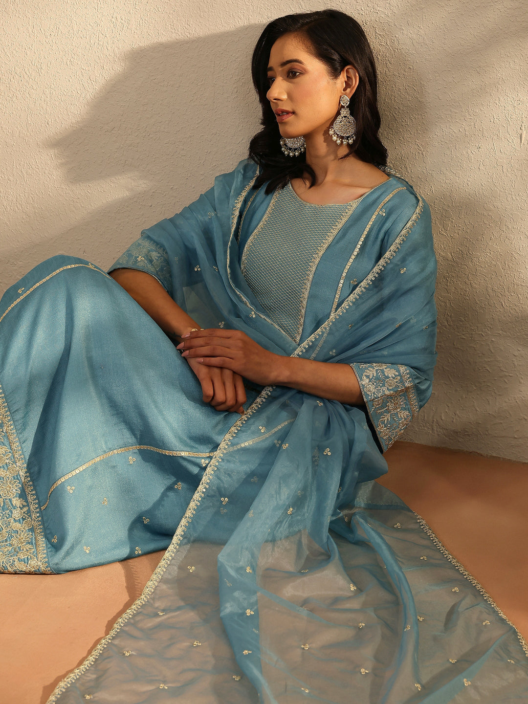 Blue Embroidered Silk Blend Straight Suit Set With Dupatta